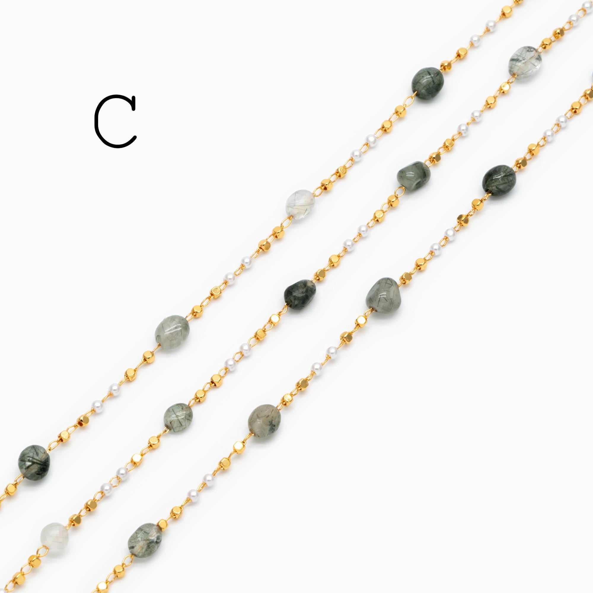 Gemstone Beaded Chain, 18K Gold plated Brass, Faux Pearl Bead Chain Wholesale (#LK-625)/ 1 Meter=3.3ft