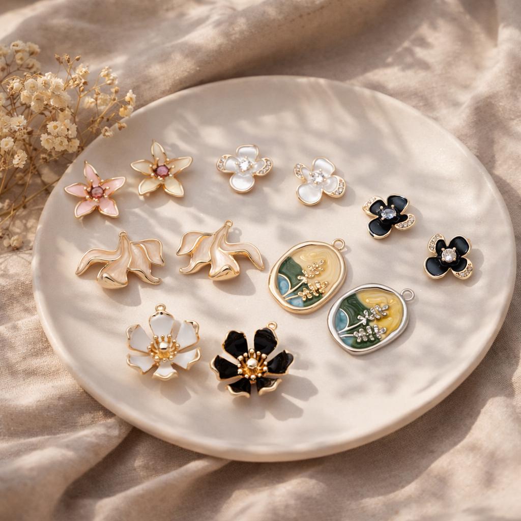 4pcs Gold/ Silver Tone Enamel Flower Charms, 18K Real Gold/ Rhodium plated Brass, Floral Earring Pendants (GB-3950)