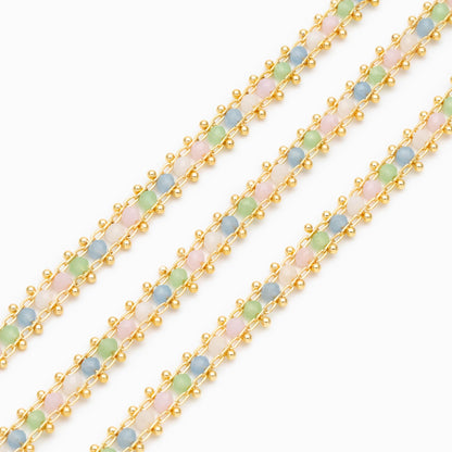 Mix Color Glass Beaded Chain 7mm, 18K Gold plated Brass Chain with Crystal Rondelle Beads (#LK-621)/ 1 Meter=3.3ft