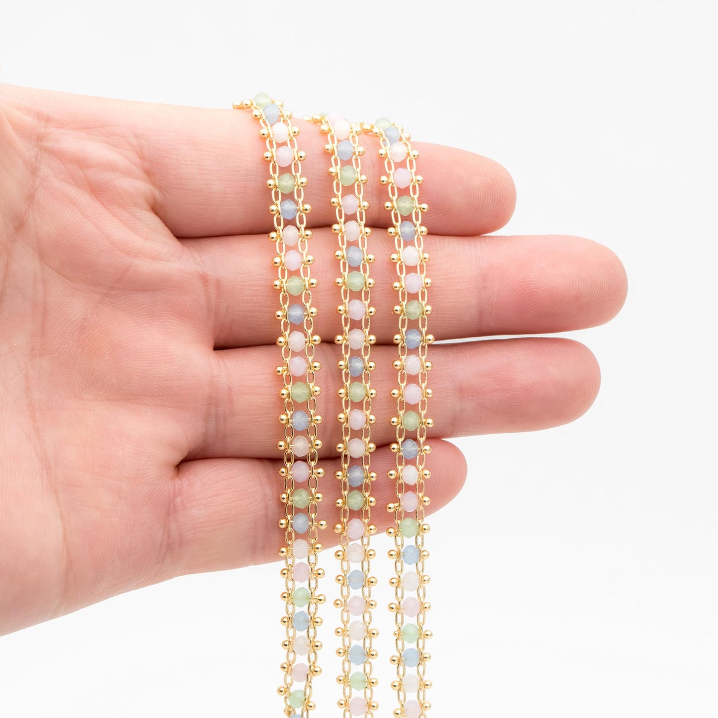 Mix Color Glass Beaded Chain 7mm, 18K Gold plated Brass Chain with Crystal Rondelle Beads (#LK-621)/ 1 Meter=3.3ft