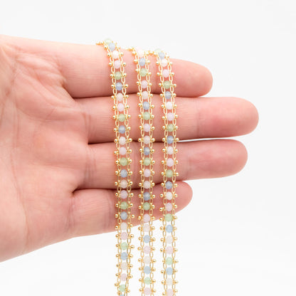 Mix Color Glass Beaded Chain 7mm, 18K Gold plated Brass Chain with Crystal Rondelle Beads (#LK-621)/ 1 Meter=3.3ft