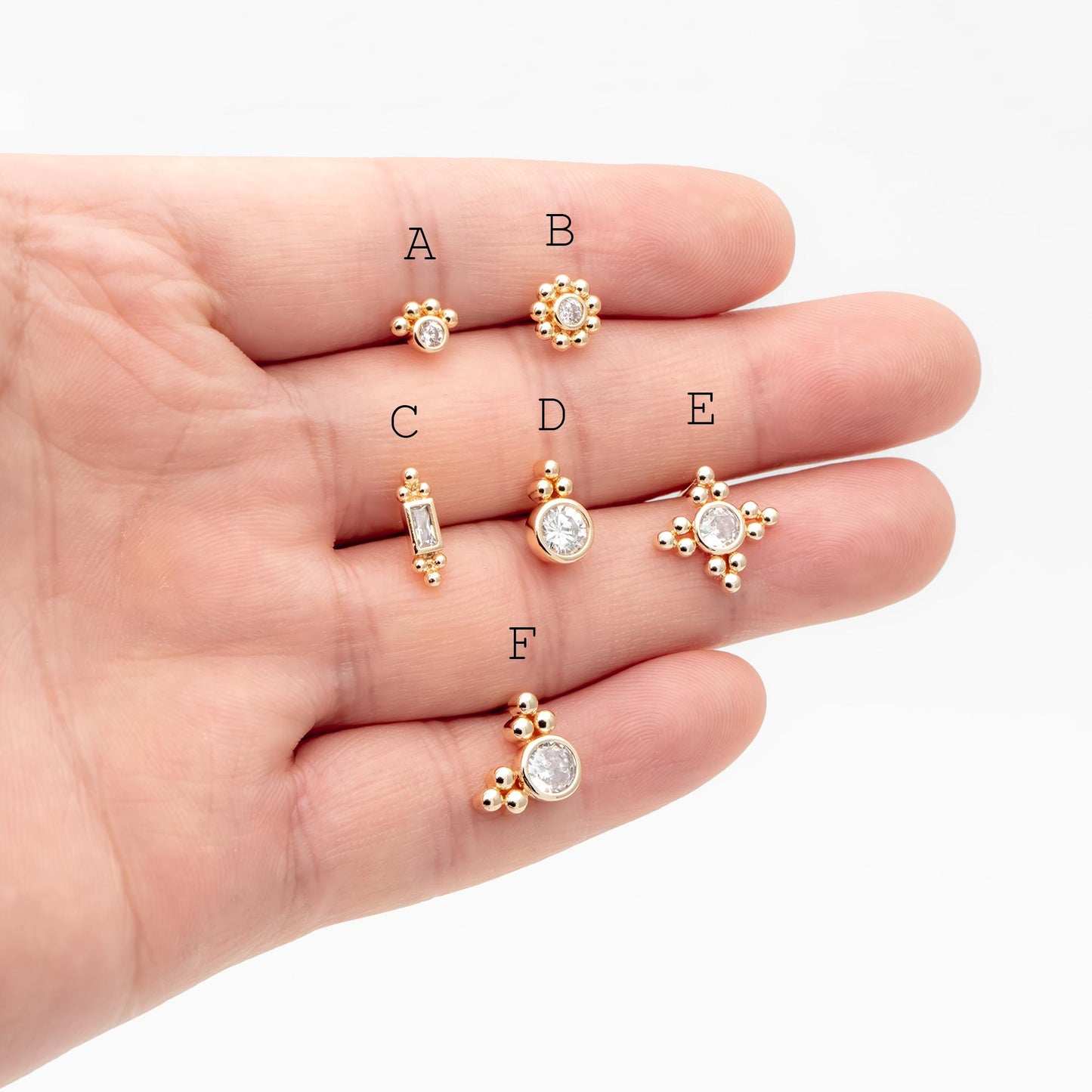 10pcs CZ Pave Round Trinity Ear Posts 12x8.5mm, Gold Plated Brass Dainty Stud Earrings (GB-3642)