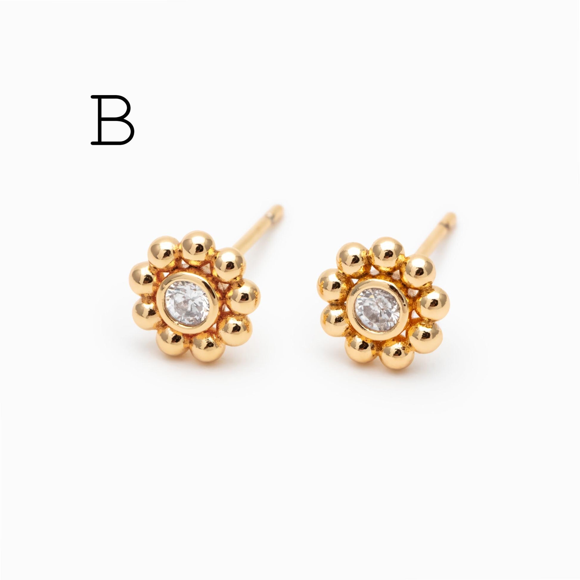 10pcs CZ Pave Round Trinity Ear Posts 12x8.5mm, Gold Plated Brass Dainty Stud Earrings (GB-3642)