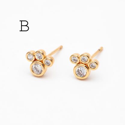 4pcs CZ Pave Bubble Cluster Earrings 13x4mm, 18K Gold Plated Brass, Dainty Stud Earrings (GB-4455)