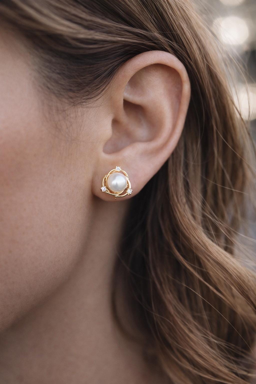 4pcs Glass Pearl Stud Earring With loop, 18K Gold/ Rhodium plated Brass (GB-2284)