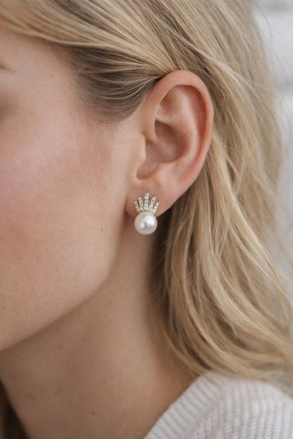 4pcs CZ Pave Gold Ear Posts, Crown Stud Earring, Pearl Peg Mounts, Half Drilled Pearl Settings (#GB-589)