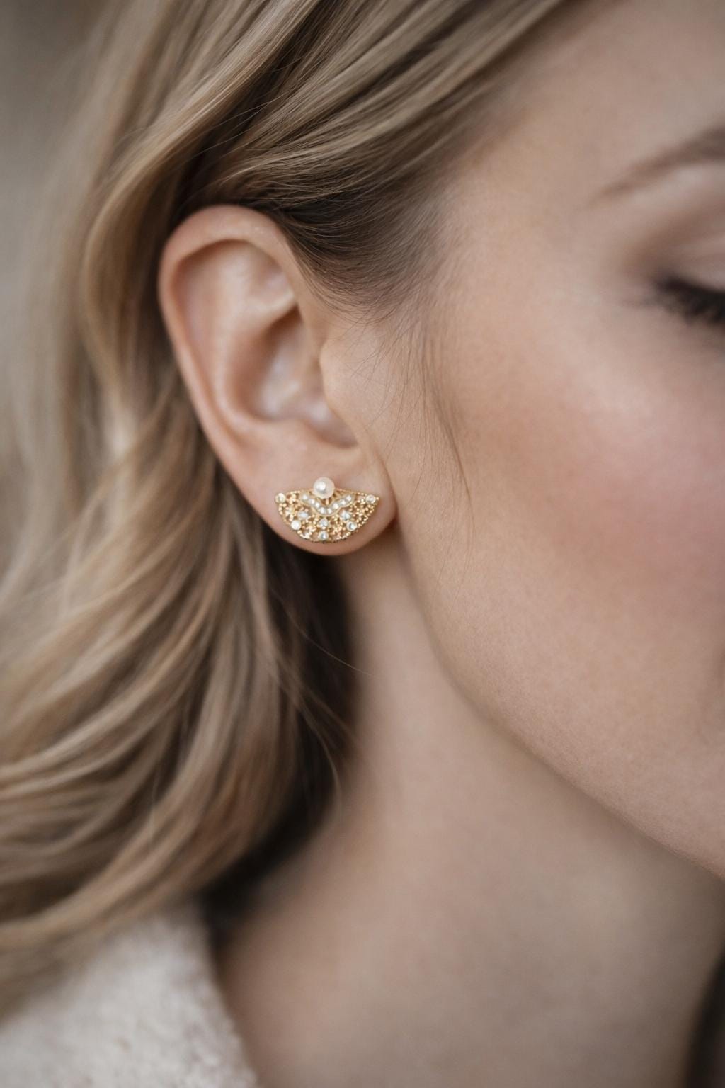 4pcs Glass Pearl Fan Shape Earrings, Real Gold Plated Brass, Dainty Fan Stud Earring (#GB-1587)