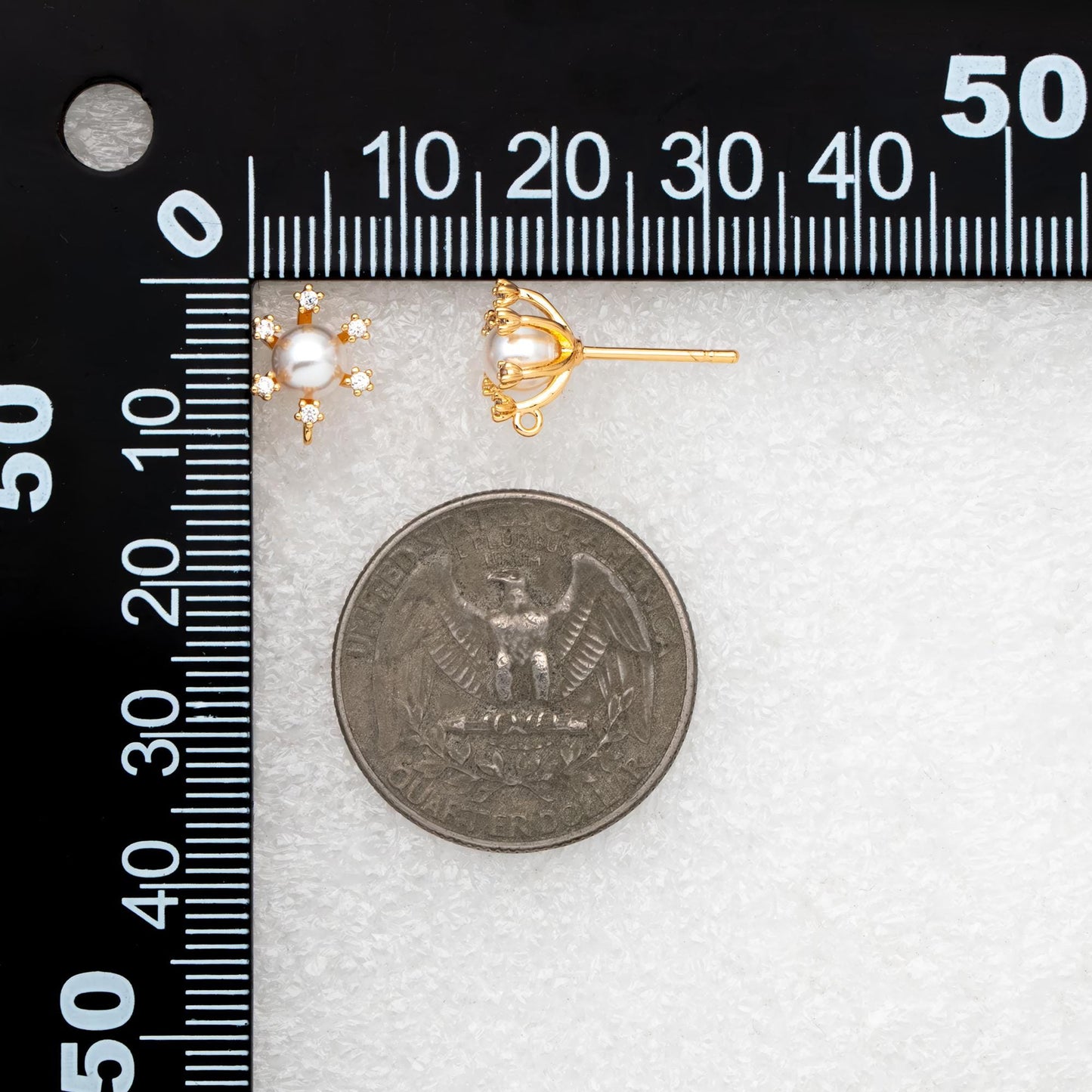 10pcs CZ Pave Gold Ear Posts, Floral Stud Earrings with Loop, Fit 6mm Pearls (GB-630)