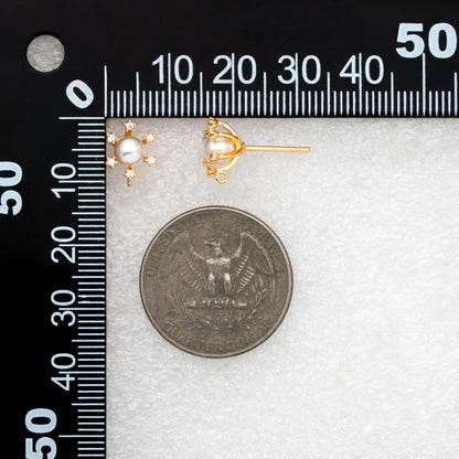 10pcs CZ Pave Gold Ear Posts, Floral Stud Earrings with Loop, Fit 6mm Pearls (GB-630)