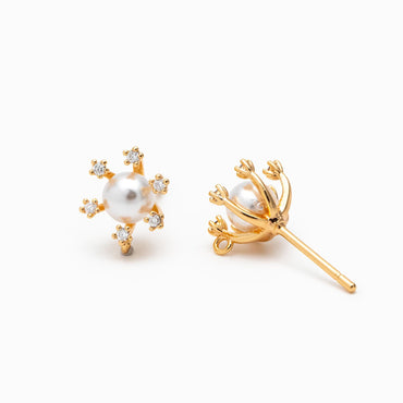 10pcs CZ Pave Gold Ear Posts, Floral Stud Earrings with Loop, Fit 6mm Pearls (GB-630)