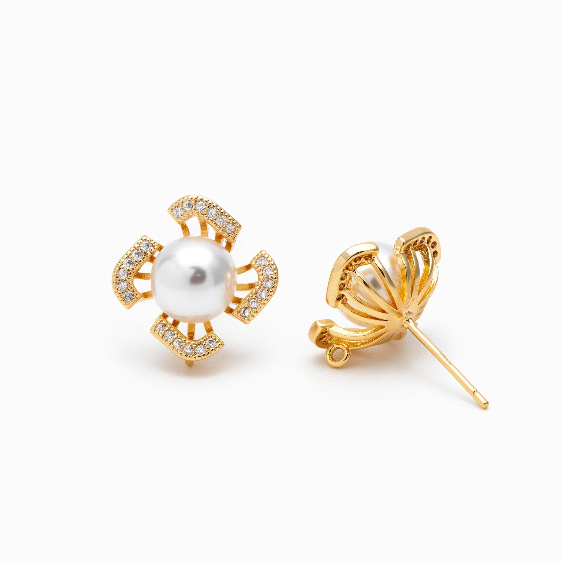 4pcs CZ Pave Flower Ear Post with Loop, 13mm, Pearl Earring Mounts, Half Drilled Pearls Earring Settings (#GB-926)