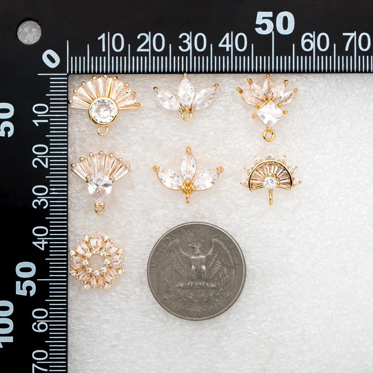 4pcs CZ Pave Gold Flower Leaf Earring With Loop, Gold Plated Brass Stud Earrings (GB-1205)