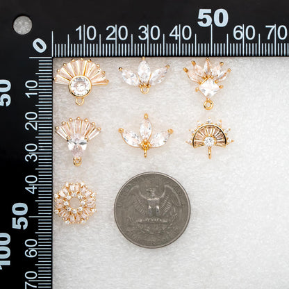 4pcs CZ Pave Gold Flower Leaf Earring With Loop, Gold Plated Brass Stud Earrings (GB-1205)