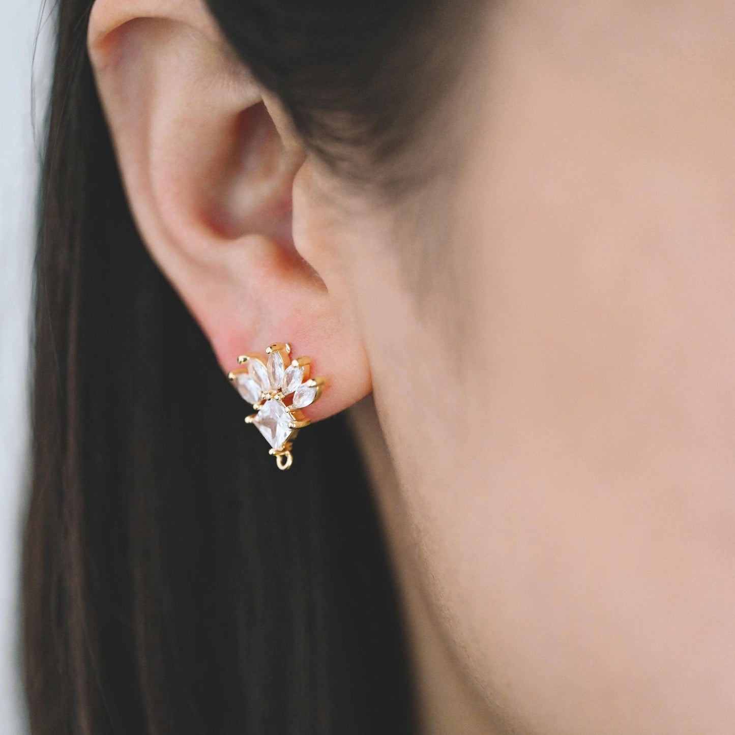4pcs CZ Pave Gold Flower Leaf Earring With Loop, Gold Plated Brass Stud Earrings (GB-1205)
