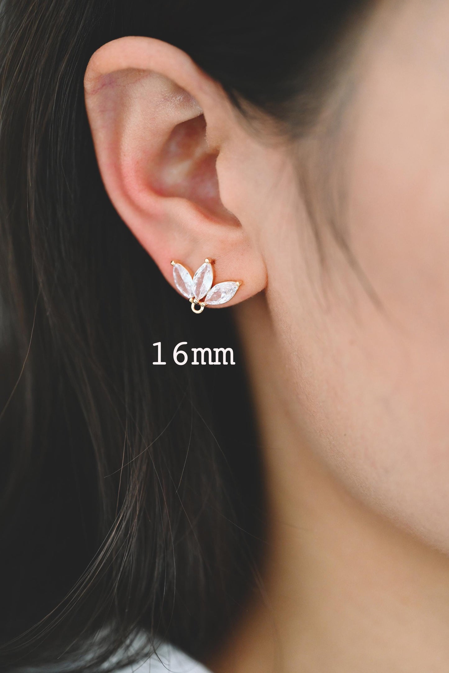 4pcs CZ Pave Gold Flower Leaf Earring With Loop, Gold Plated Brass Stud Earrings (GB-1205)