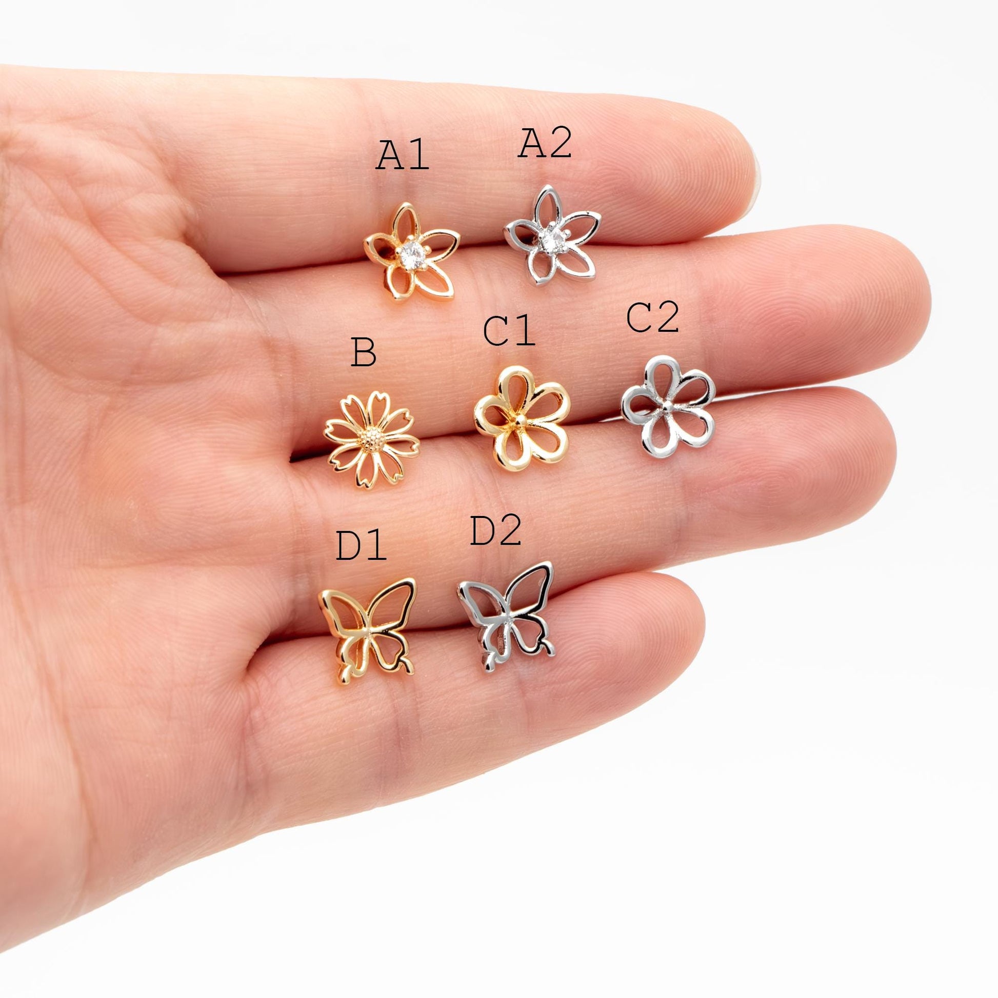 10pcs Gold/ Silver Hollow Flower Butterfly Stud Earrings, Gold/ Rhodium plated Brass, Jewelry Supplies (GB-4323)