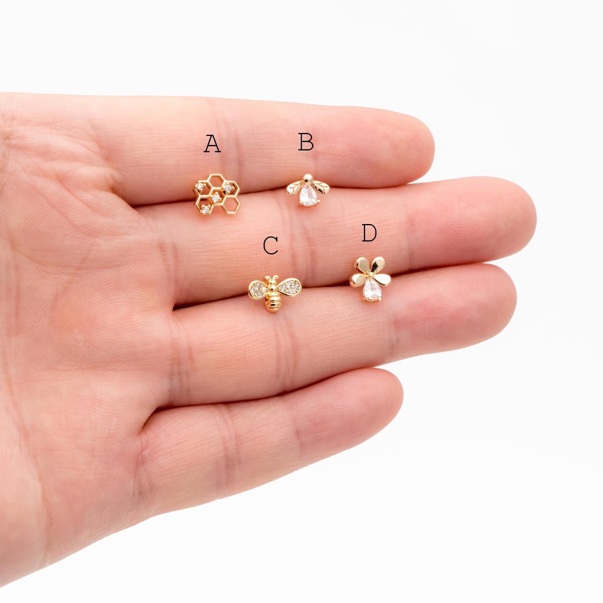 10pcs CZ Pave Gold Flower Earrings, Gold Plated Brass, Dainty Flower Stud Earrings (GB-4261)