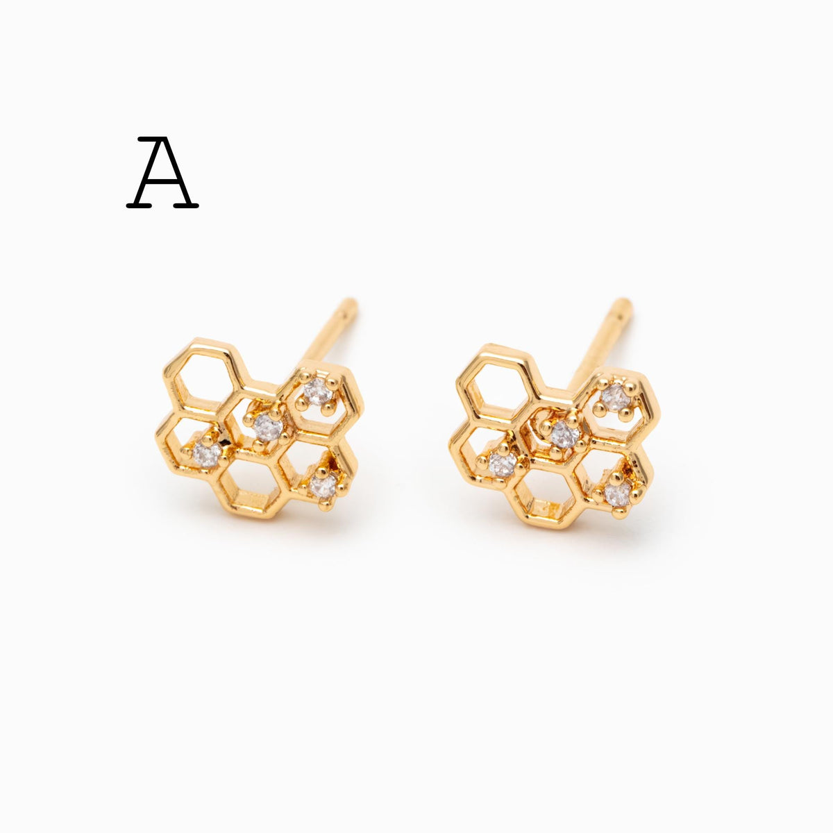 10pcs CZ Pave Gold Flower Bee Honeycomb Earrings, Gold Plated Brass, Dainty Flower Stud Earrings (GB-3896)
