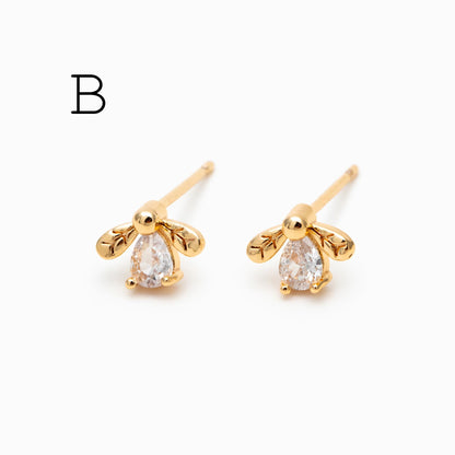 10pcs CZ Pave Gold Flower Bee Honeycomb Earrings, Gold Plated Brass, Dainty Flower Stud Earrings (GB-3896)