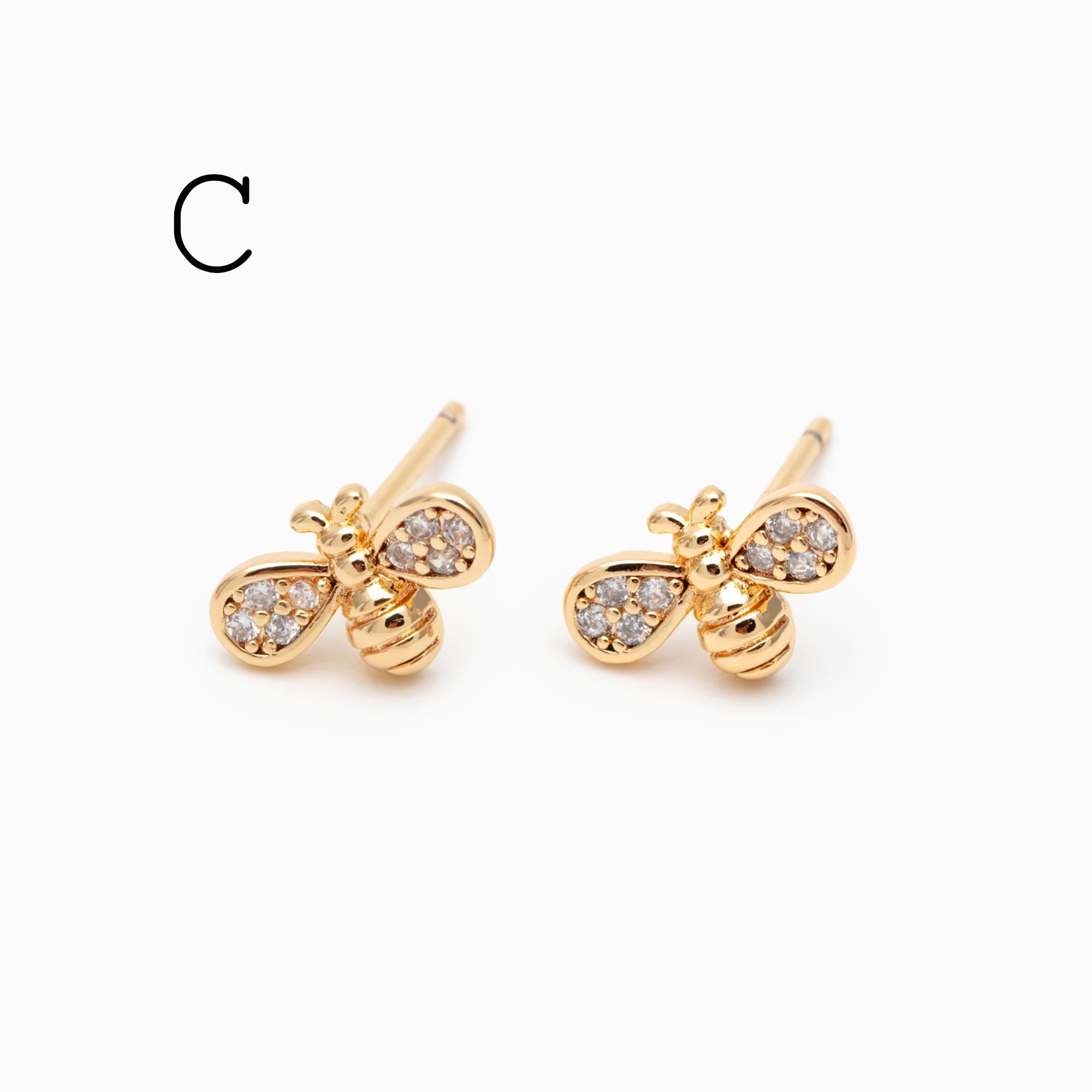 10pcs CZ Pave Gold Flower Bee Honeycomb Earrings, Gold Plated Brass, Dainty Flower Stud Earrings (GB-3896)