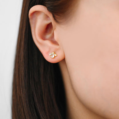 10pcs CZ Pave Gold Flower Bee Honeycomb Earrings, Gold Plated Brass, Dainty Flower Stud Earrings (GB-3896)