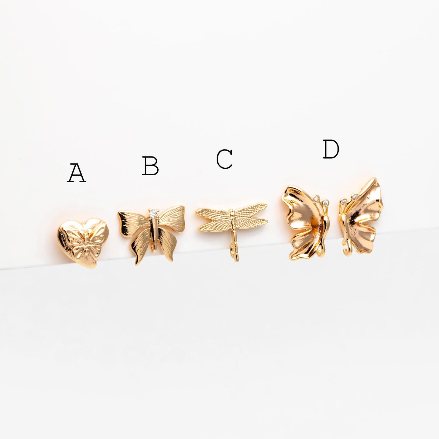 10pcs Gold Dragonfly Butterfly Heart Earring with Loop, Gold Plated Brass Stud Earrings, Jewelry Findings, Wholesale Supplies (GB-415)
