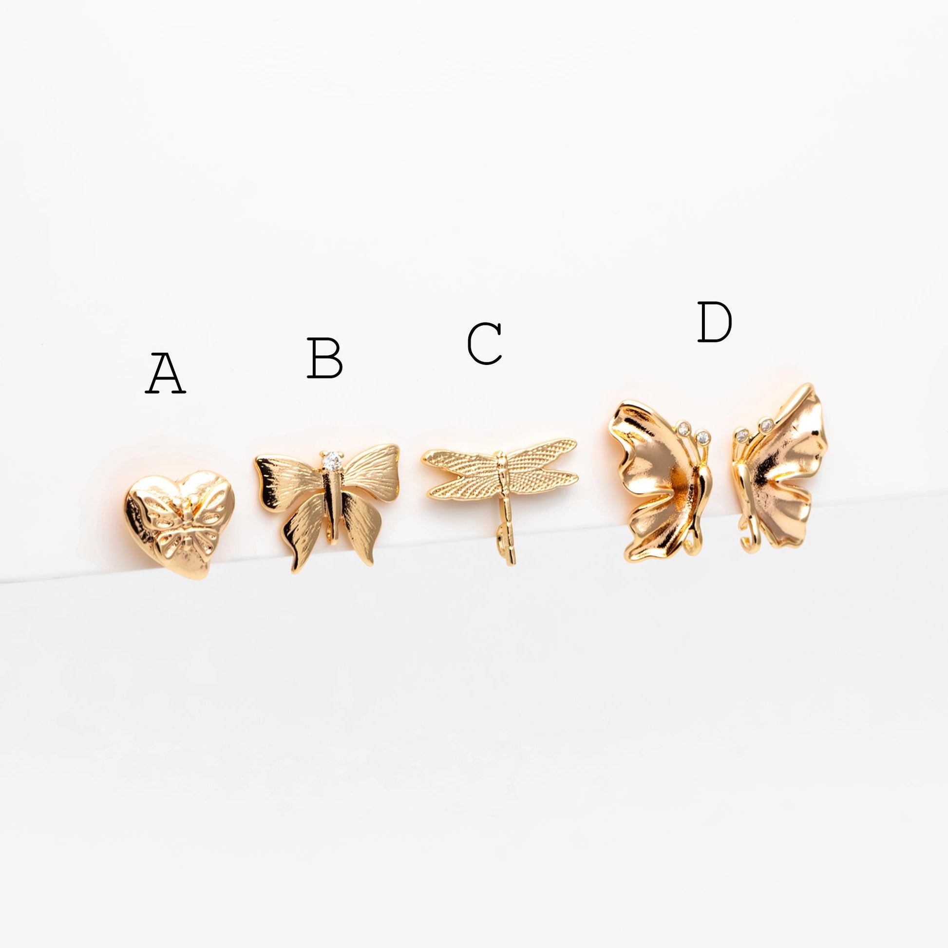 10pcs Gold Dragonfly Butterfly Heart Earring with Loop, Gold Plated Brass Stud Earrings, Jewelry Findings, Wholesale Supplies (GB-415)