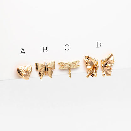 10pcs Gold Dragonfly Butterfly Heart Earring with Loop, Gold Plated Brass Stud Earrings, Jewelry Findings, Wholesale Supplies (GB-415)