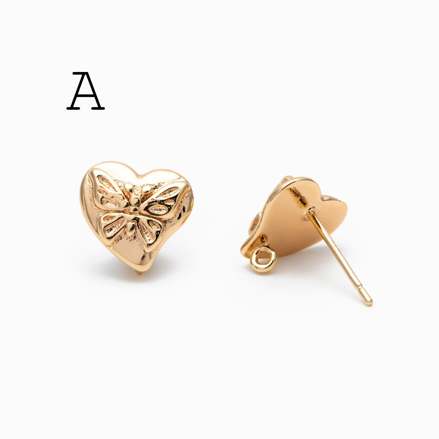 10pcs Gold Butterfly Heart Earring with Loop, Gold Plated Brass Stud Earrings, Jewelry Findings, Wholesale Supplies (GB-3378)