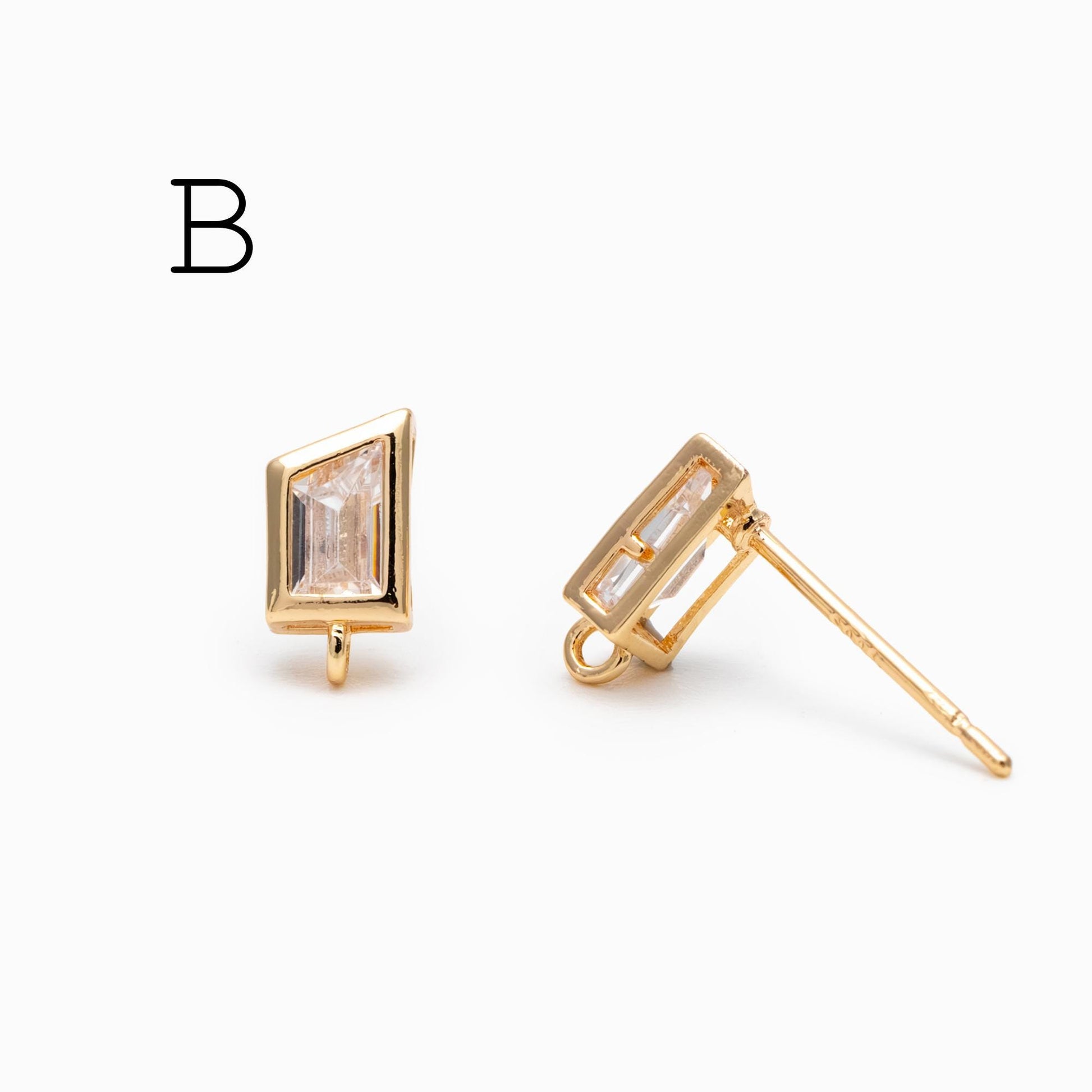 4pcs CZ Pave Trapezoid Earring Stud with Loop, 18K Gold plated Brass Ear Posts, Geometric Earring Findings (#GB-3326)