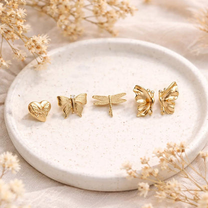 10pcs Gold Dragonfly Butterfly Heart Earring with Loop, Gold Plated Brass Stud Earrings, Jewelry Findings, Wholesale Supplies (GB-415)