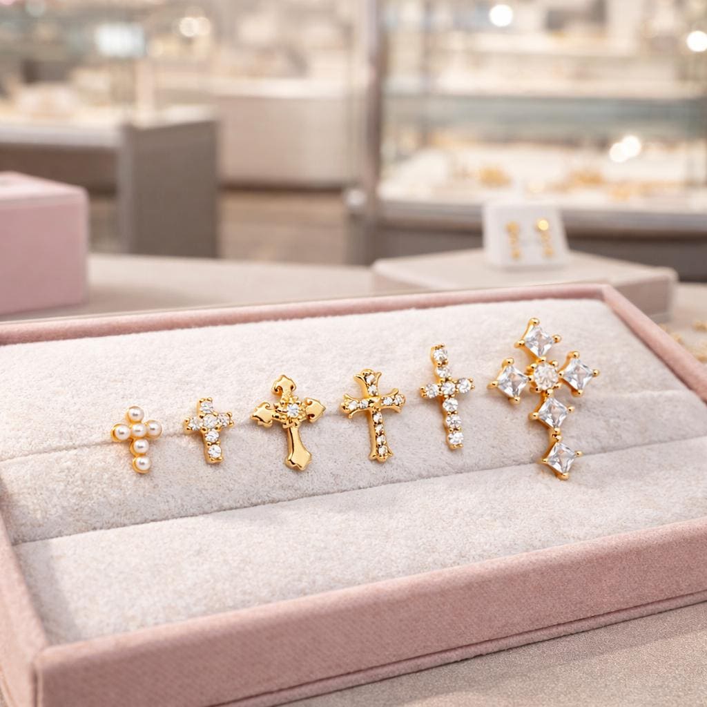 4pcs CZ Pave Gold Cross Earrings, Gold Plated Brass Dainty Cross Stud Earring (#GB-3637)