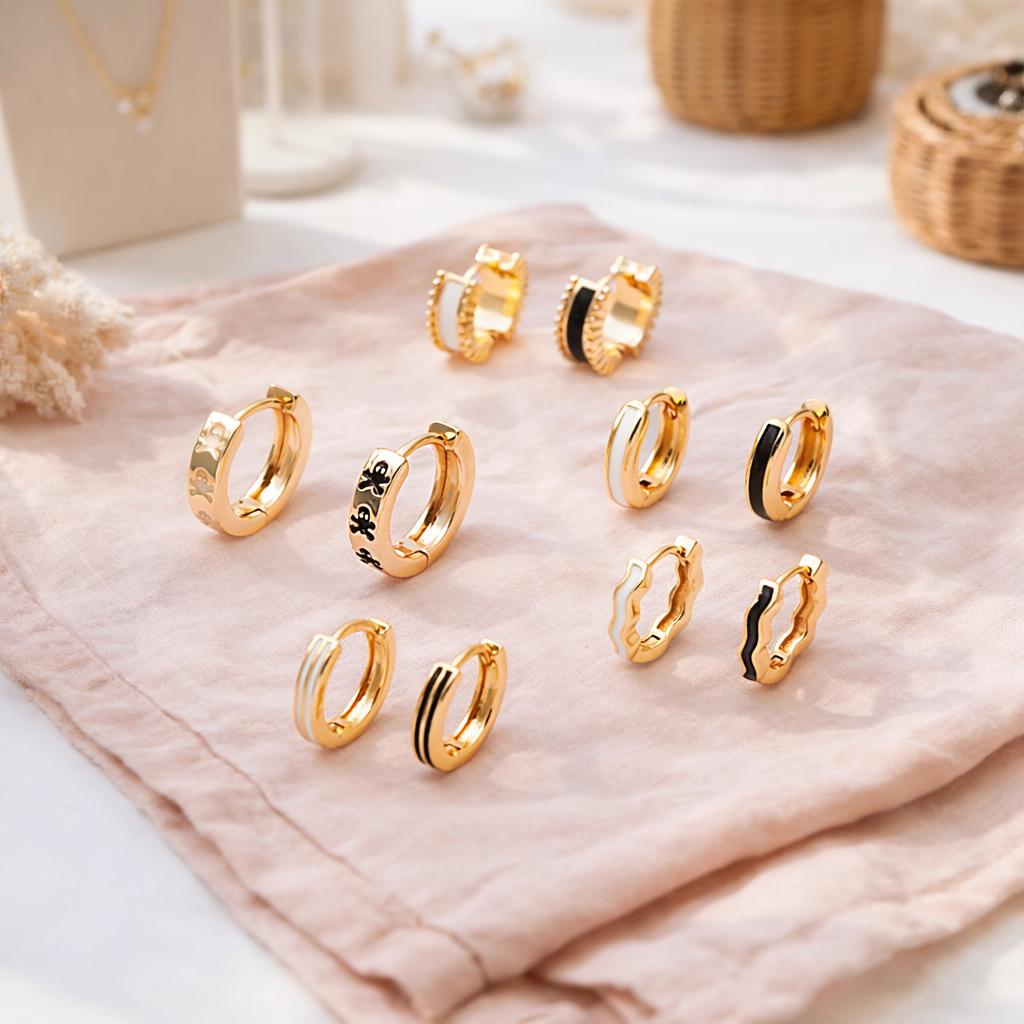 4pcs Enamel Hoop Earrings, 18K Gold plated Brass, Minimalist Circle Huggies (GB-3717)