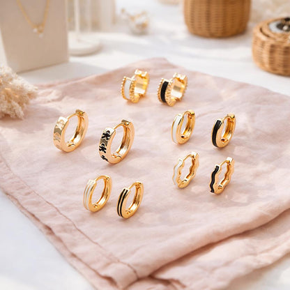 4pcs Enamel Hoop Earrings, 18K Gold plated Brass, Minimalist Circle Huggies (GB-3717)