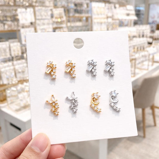 10pcs CZ Pave Gold/ Silver Tone Moon and Star Earrings, Gold/ Rhodium Plated Brass, Dainty Stud Earrings (GB-4628)