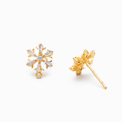10pcs CZ Pave Snowflake Earring with Loop, 12mm, Real Gold Plated Brass Earrings, Sterling Silver Pin (GB-310)