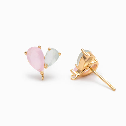 4pcs Rhinestone Teardrop Earring Posts 11x10mm, 18K Gold Plated Brass, Crystal Stud Earrings (#GB-314-C)