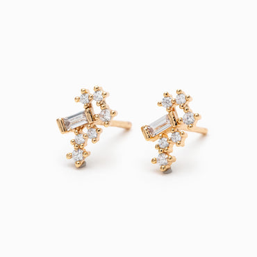 10pcs Gold/ Silver Tone CZ Cluster Geometric Stud Earrings, 18K Gold/ Rhodium Plated Brass, Cubic Zirconia Earrings (#GB-4335-A)