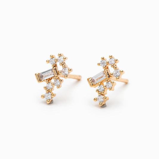 10pcs Gold/ Silver Tone CZ Cluster Geometric Stud Earrings, 18K Gold/ Rhodium Plated Brass, Cubic Zirconia Earrings (#GB-4335-A)