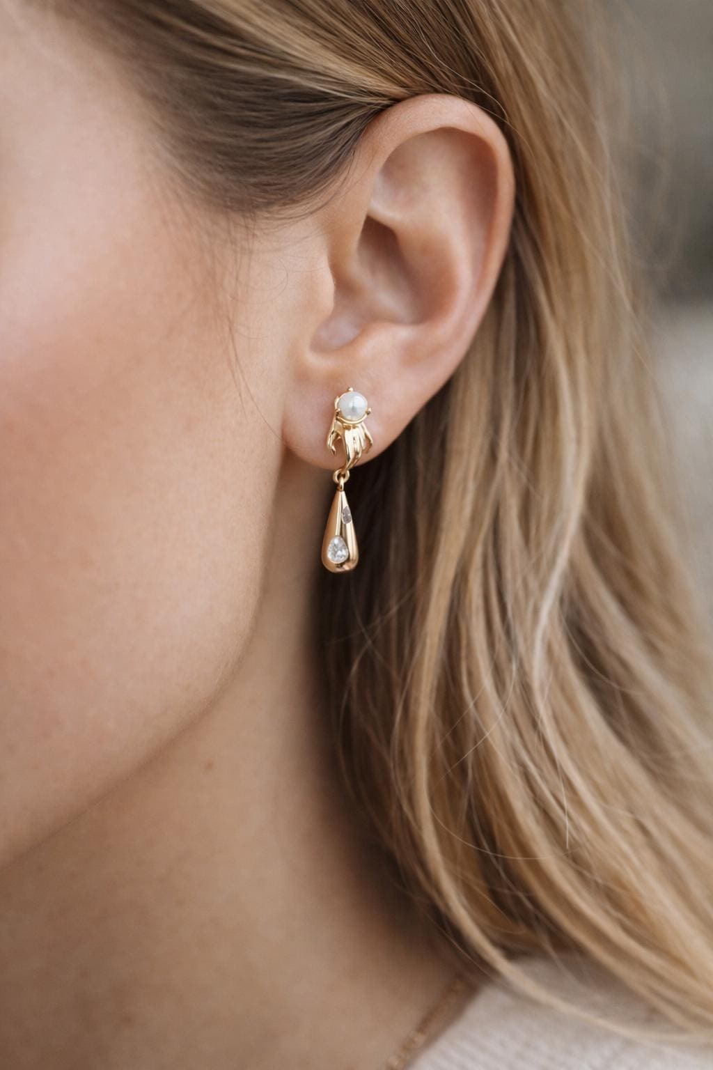 4pcs Gold Hand with CZ Paved Teardrop Earring, Half Drilled Pearl Mounts, Pearl Peg Earring Settings (GB-3141)