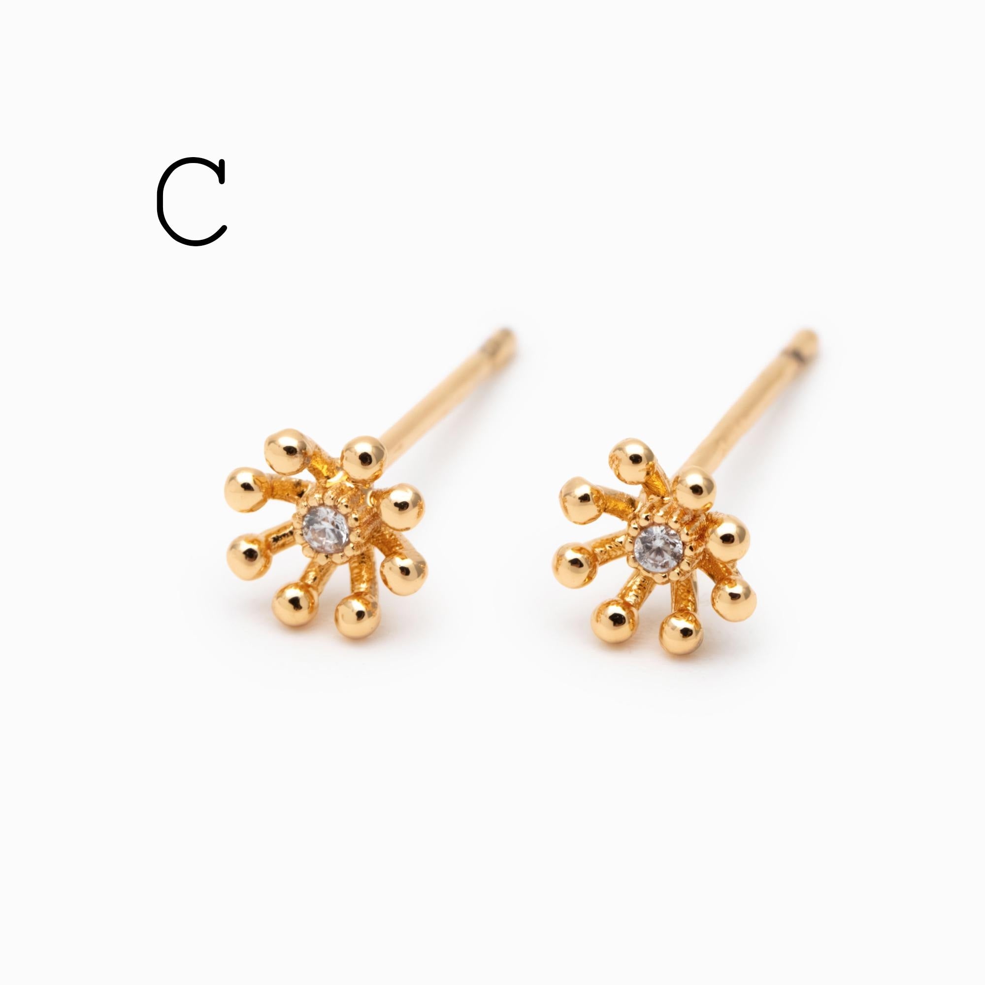 10pcs CZ Pave Gold/ Silver Flower Leaf Earrings, 18K Real Gold/ Rhodium Plated Brass, Dainty Stud Earrings (GB-3381)