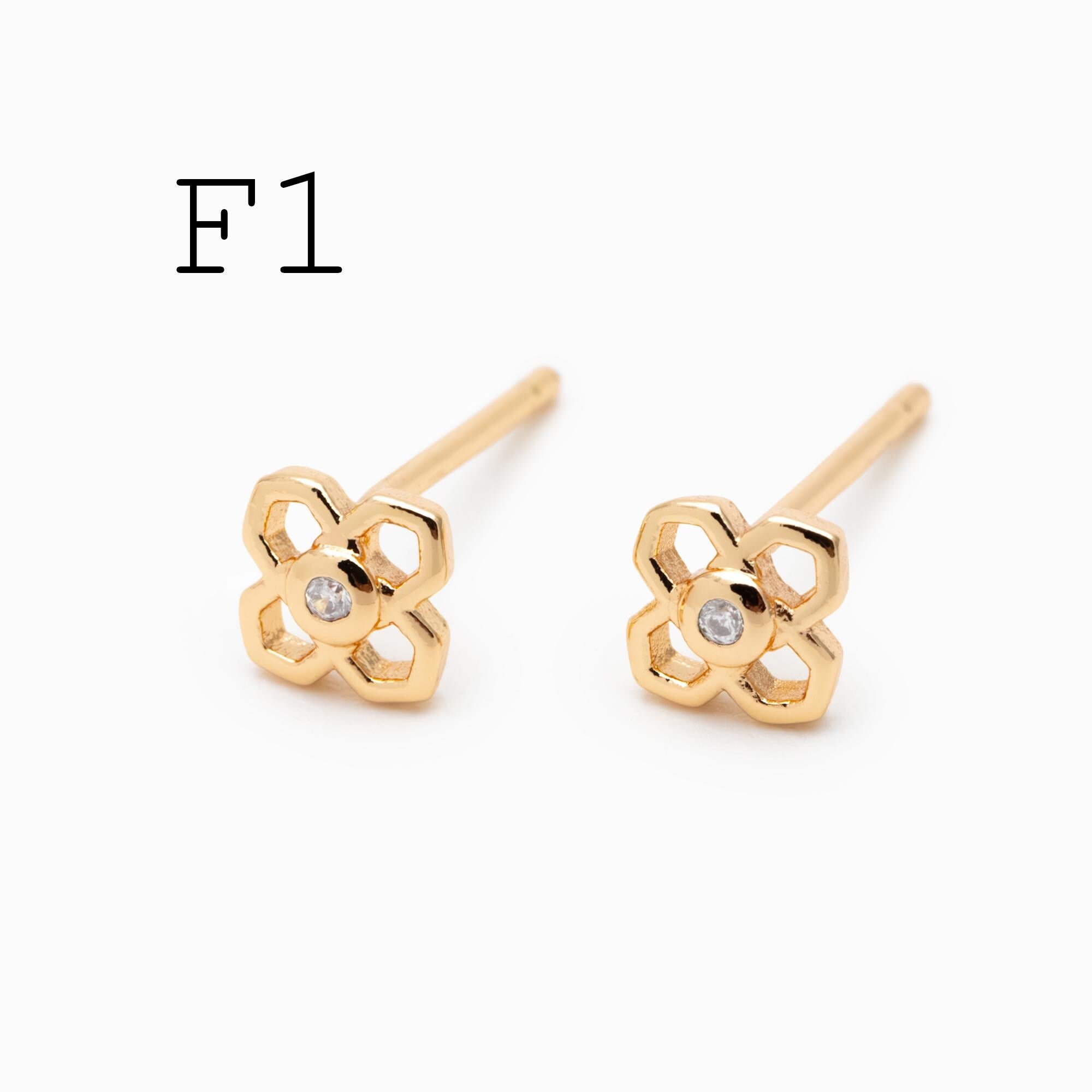 10pcs CZ Pave Gold/ Silver Flower Leaf Earrings, 18K Real Gold/ Rhodium Plated Brass, Dainty Stud Earrings (GB-3381)