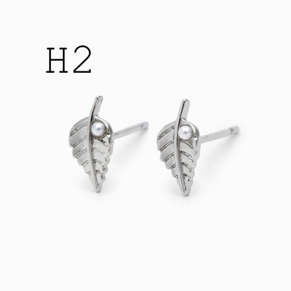 10pcs CZ Pave Gold/ Silver Leaf Earrings, 18K Real Gold/ Rhodium Plated Brass, Dainty Stud Earrings (GB-4759)