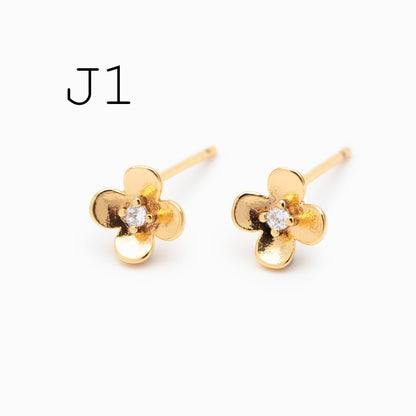 10pcs CZ Pave Gold/ Silver Flower Leaf Earrings, 18K Real Gold/ Rhodium Plated Brass, Dainty Stud Earrings (GB-3381)