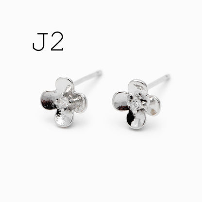 10pcs CZ Pave Gold/ Silver Flower Leaf Earrings, 18K Real Gold/ Rhodium Plated Brass, Dainty Stud Earrings (GB-3381)