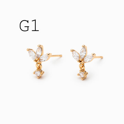 10pcs CZ Pave Flower Ear Posts: 18K Gold Plated Brass Stud Earrings (GB-3395)