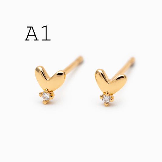 10pcs CZ Pave Gold/ Silver Tone Tiny Earrings, Gold/ Rhodium Plated Brass, Dainty Minimalist Stud Earrings (GB-4021)
