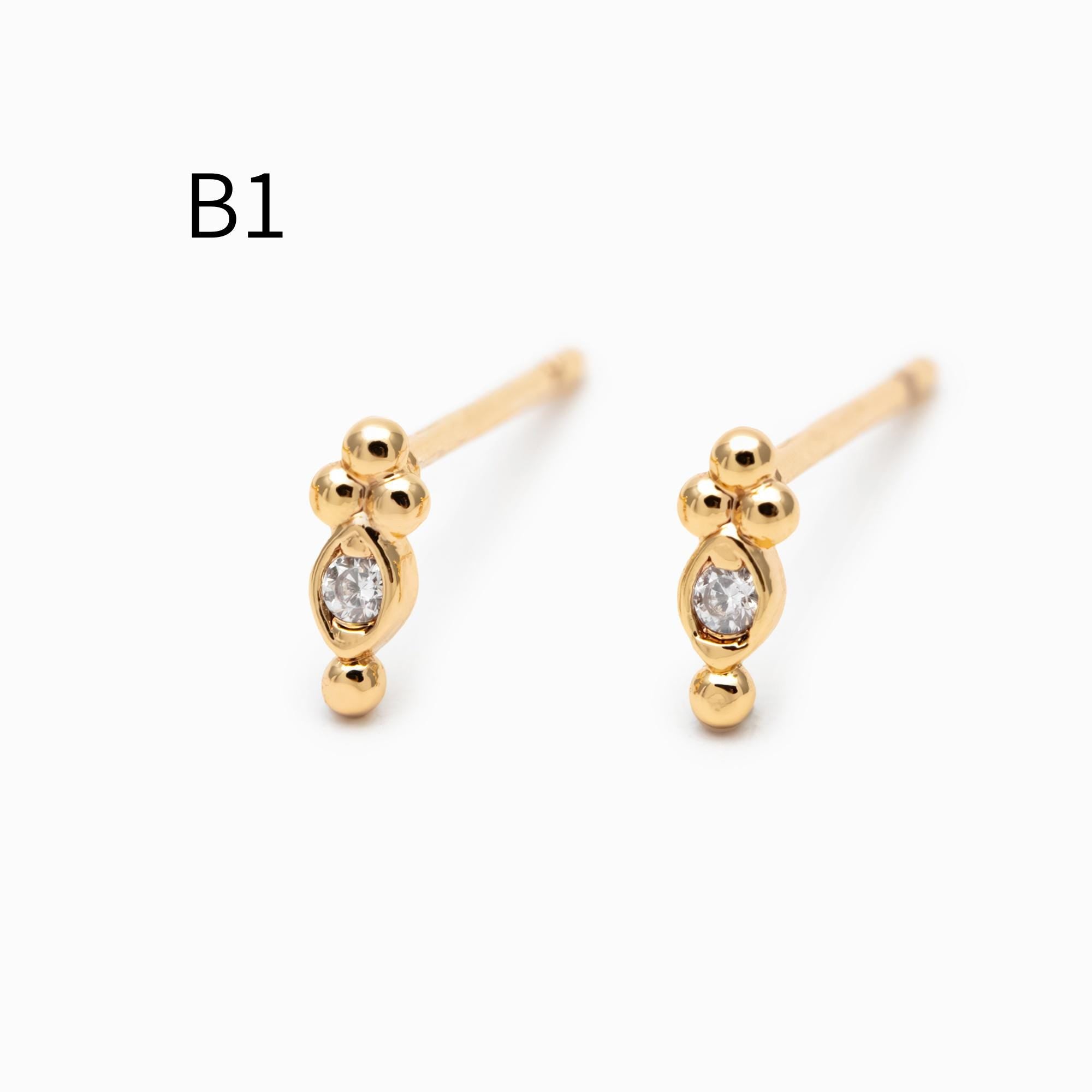 10pcs CZ Pave Gold/ Silver Tone Tiny Earrings, Gold/ Rhodium Plated Brass, Dainty Minimalist Stud Earrings (GB-4021)