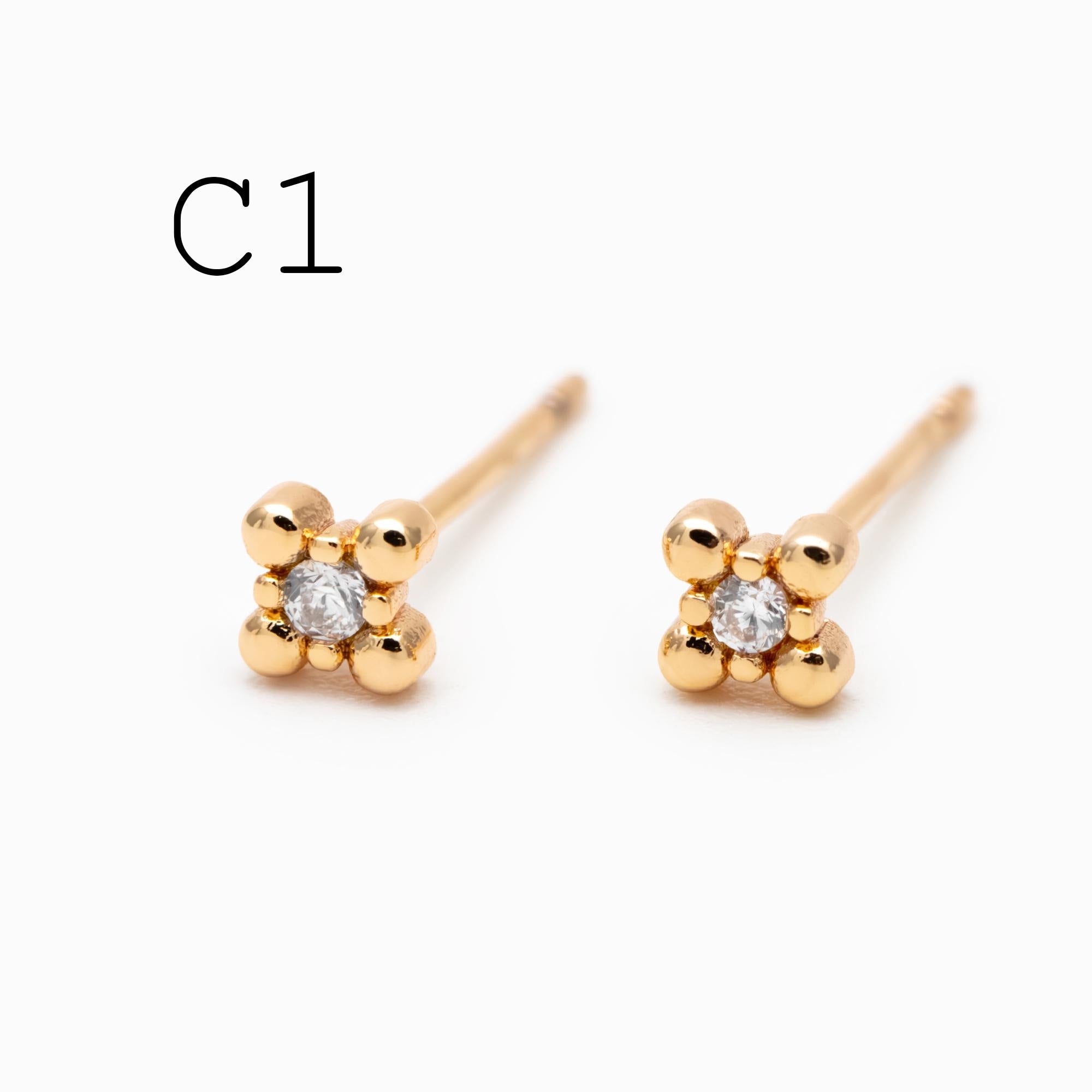 10pcs CZ Pave Gold/ Silver Tone Tiny Earrings, Gold/ Rhodium Plated Brass, Dainty Minimalist Stud Earrings (GB-4021)