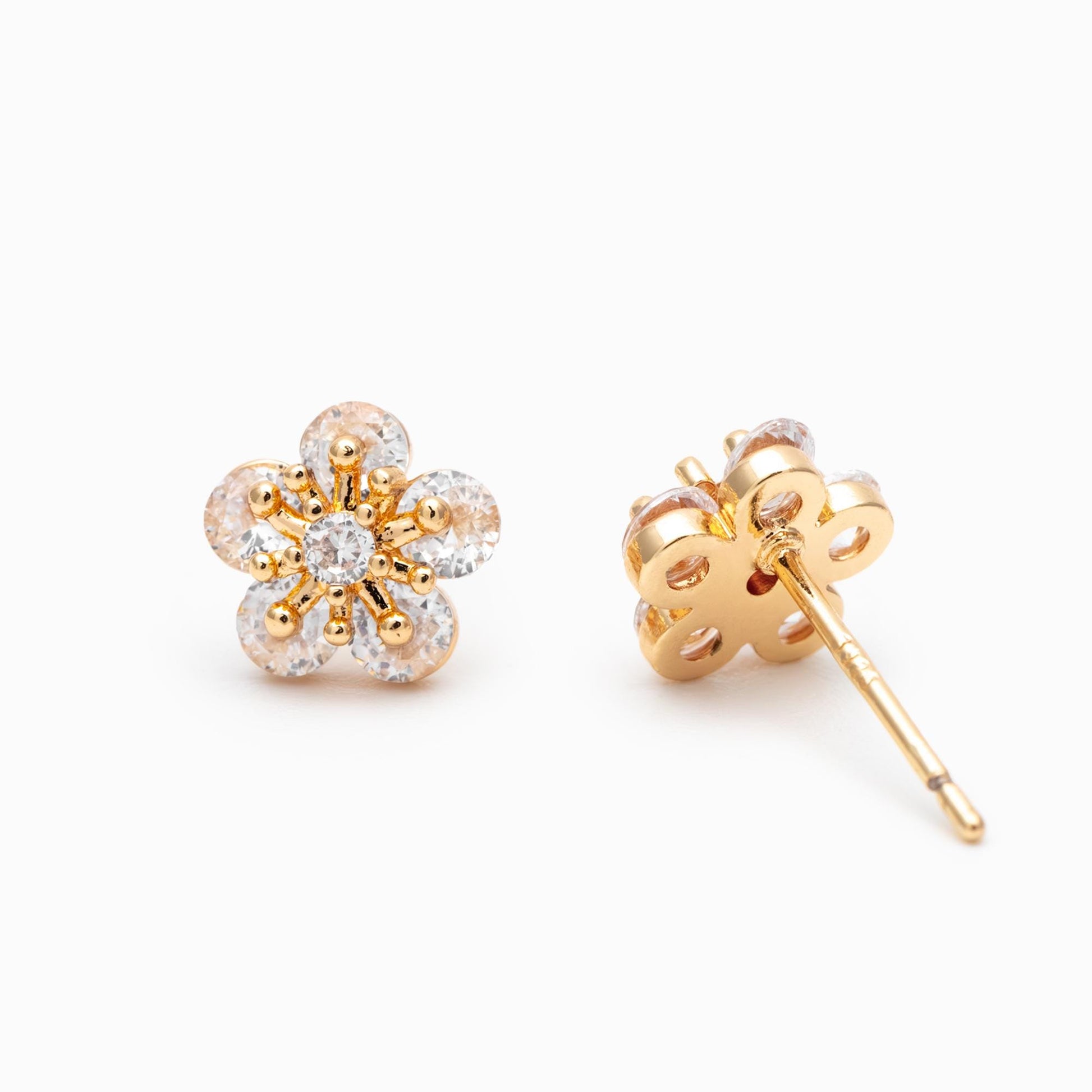 4pcs CZ Pave Gold Flower Ear Posts 8mm, Gold Plated Brass Stud Earrings (GB-3371-D)